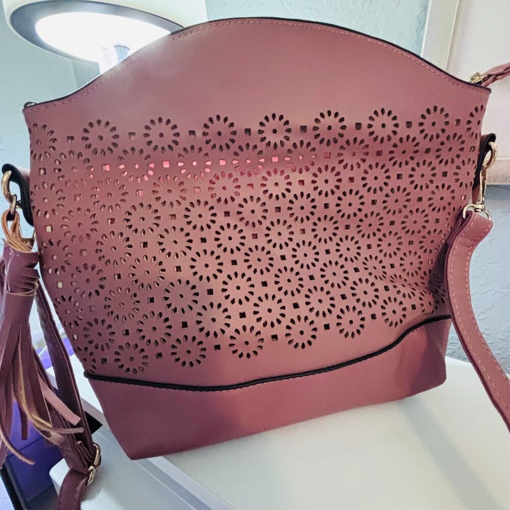 Blush Pink Laser Cut Crossbody Bag Boho Festival Tassel Purse
